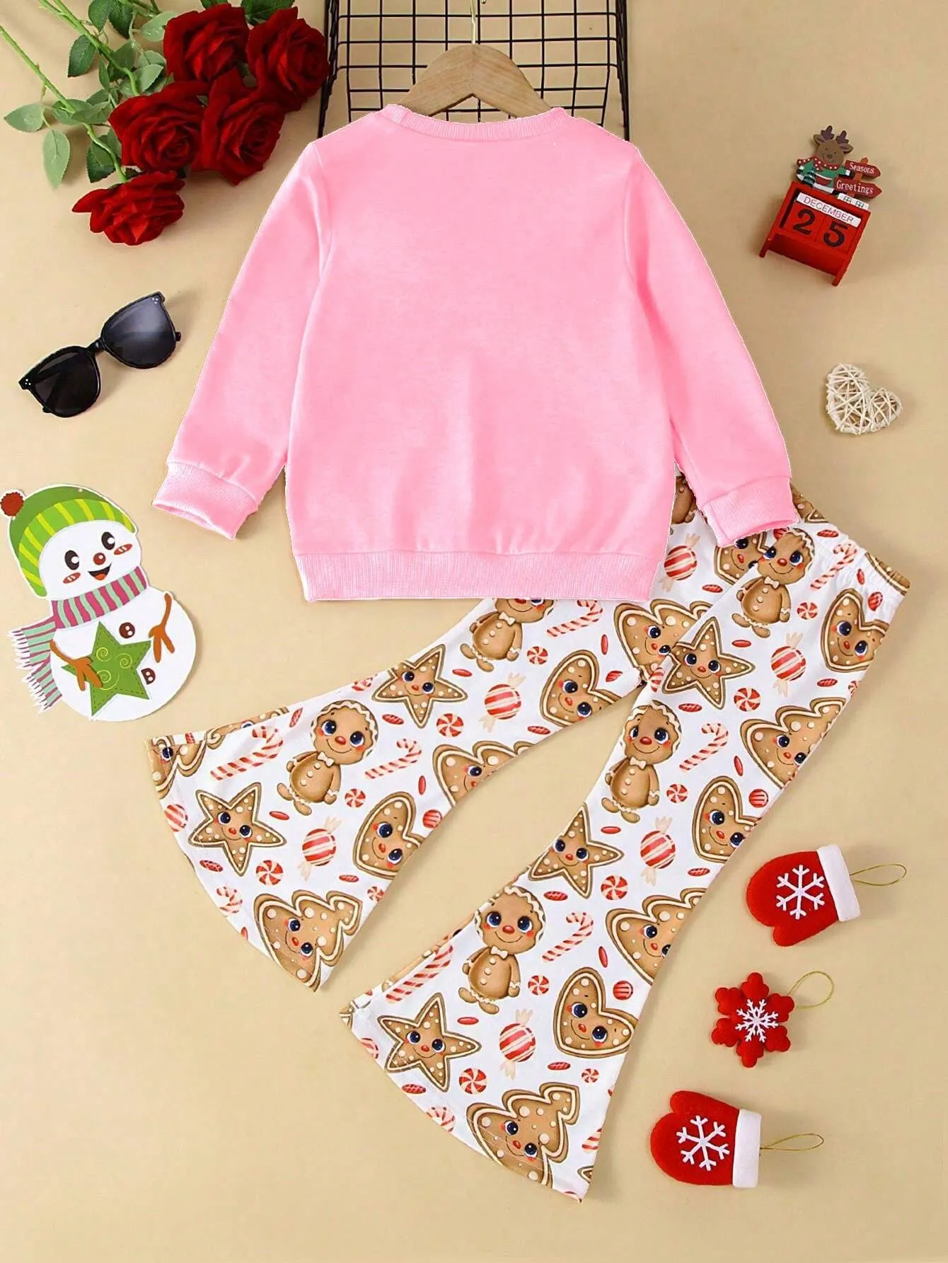 2pcs Christmas Outfit For Girls, Bear Print Long Sleeve Sweatshirt & Bell-Bottom Pants Set, Casual, Suitable For Autumn/Winter
