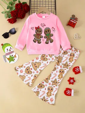 2pcs Christmas Outfit For Girls, Bear Print Long Sleeve Sweatshirt & Bell-Bottom Pants Set, Casual, Suitable For Autumn/Winter