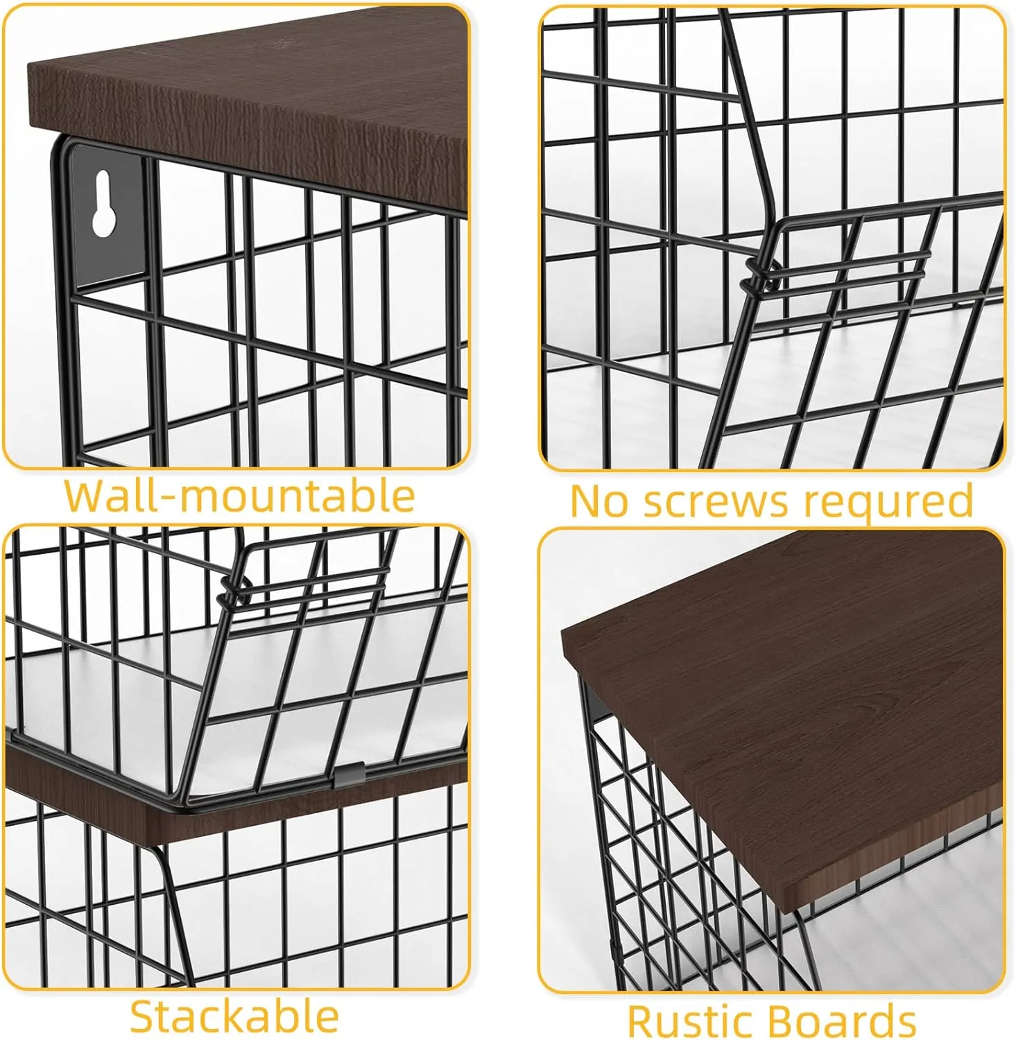2pcs Fruit Basket Onion Storage Wire Baskets with Wood Lid, Multifunctional Stackable Wall-mounted & Countertop Tiered Kitchen Counter Organizer for Snack,Produce,Onion and Potato Storage Bins
