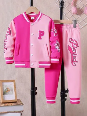2pcs Girls Embroidery Baseball Jacket Outfit Set, Long Sleeve Ribbed Collar Jacket And Ribbed Hem Pants, Autumn Sports Set For Little Girls