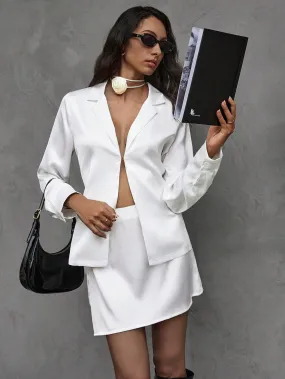 2pcs Women's Solid Lapel Neck Long Sleeve Top And A-Line Skirt Casual Set