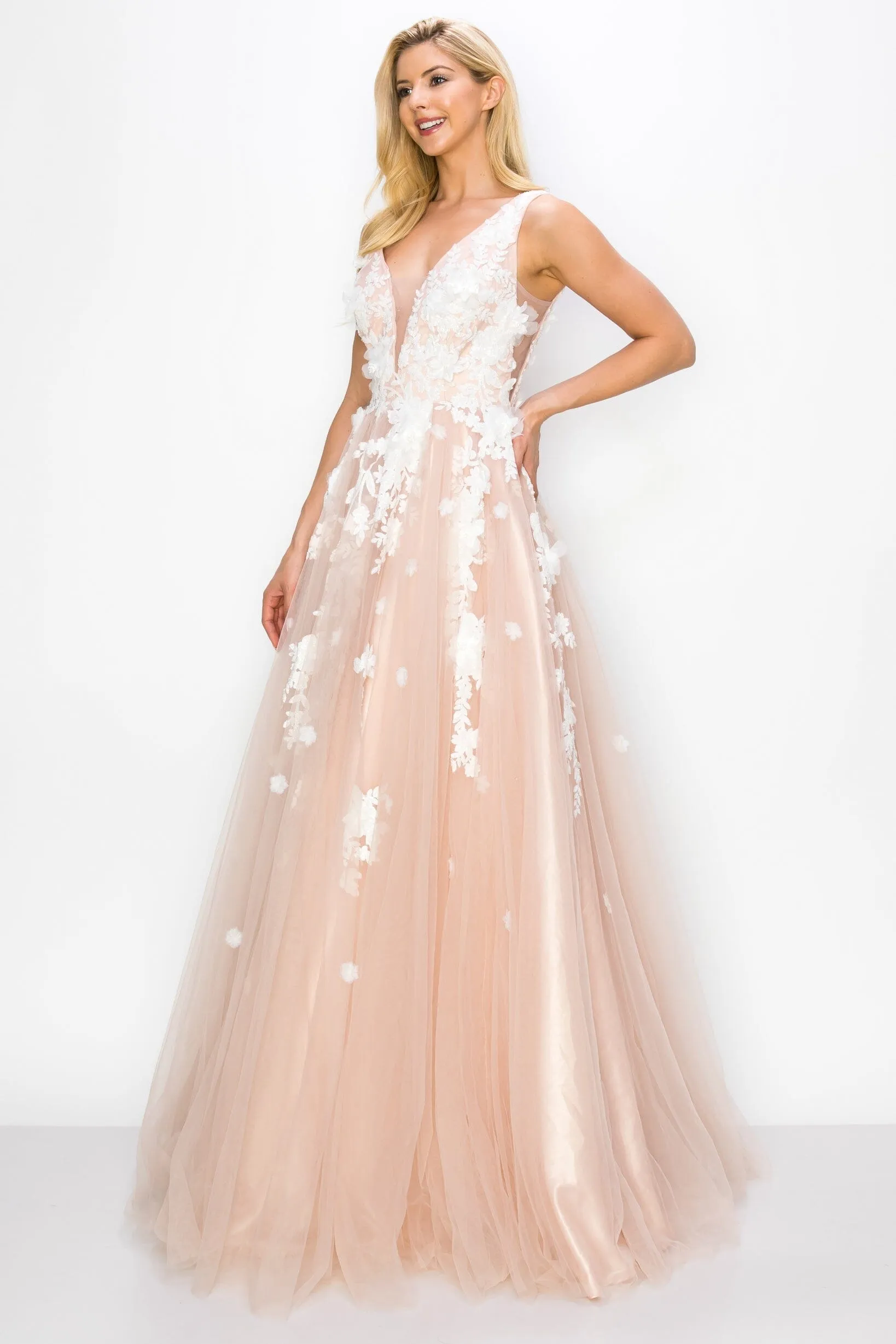 3D Floral V-Neck Tulle Gown by Cinderella Couture 8040J