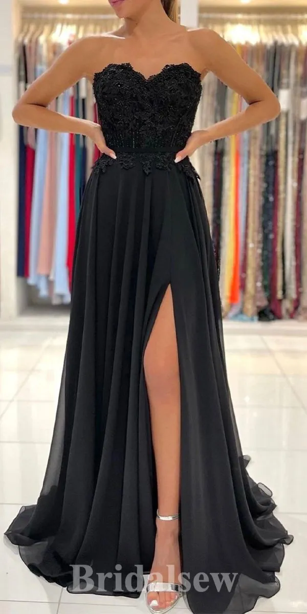 A-line Black Floor-Length Strapless Elegant Stylish Evening Long Prom Dresses PD1118