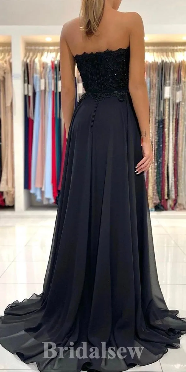 A-line Black Floor-Length Strapless Elegant Stylish Evening Long Prom Dresses PD1118