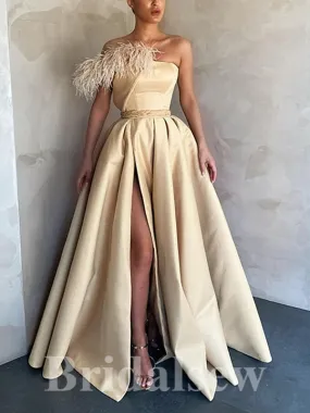 A-line Champagne Unique Strapless Satin Elegant Modest Long Party Evening Prom Dresses PD1295