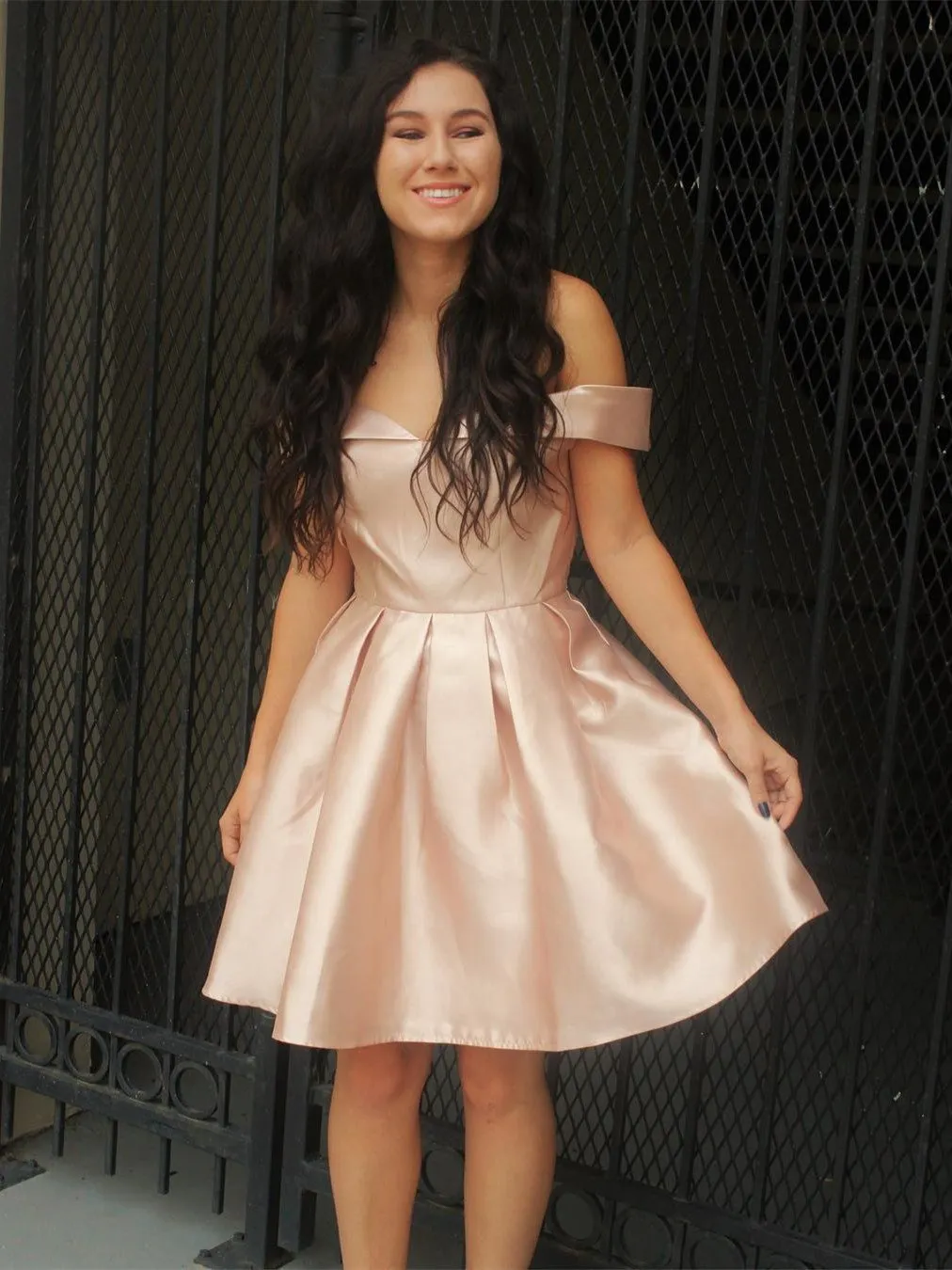 A-line Off-Shoulder Mini Satin Short Pearl Pink Simple Homecoming Dresses APD2739