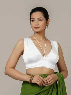 Ahana x Rozaana | Pearl White Sleeveless FlexiFit™ Saree Blouse with Plunging Neckline and Back Cut Out with Tie-up
