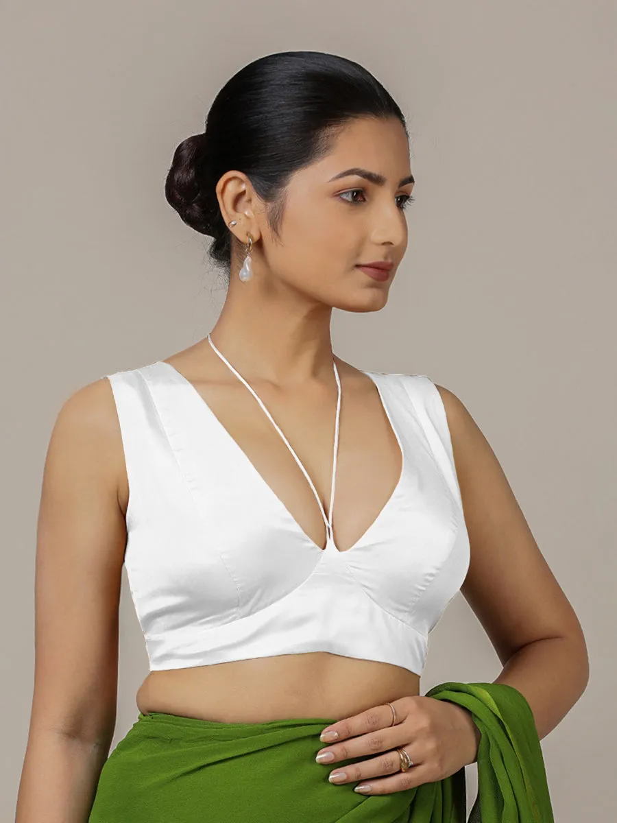 Ahana x Rozaana | Pearl White Sleeveless FlexiFit™ Saree Blouse with Plunging Neckline and Back Cut Out with Tie-up