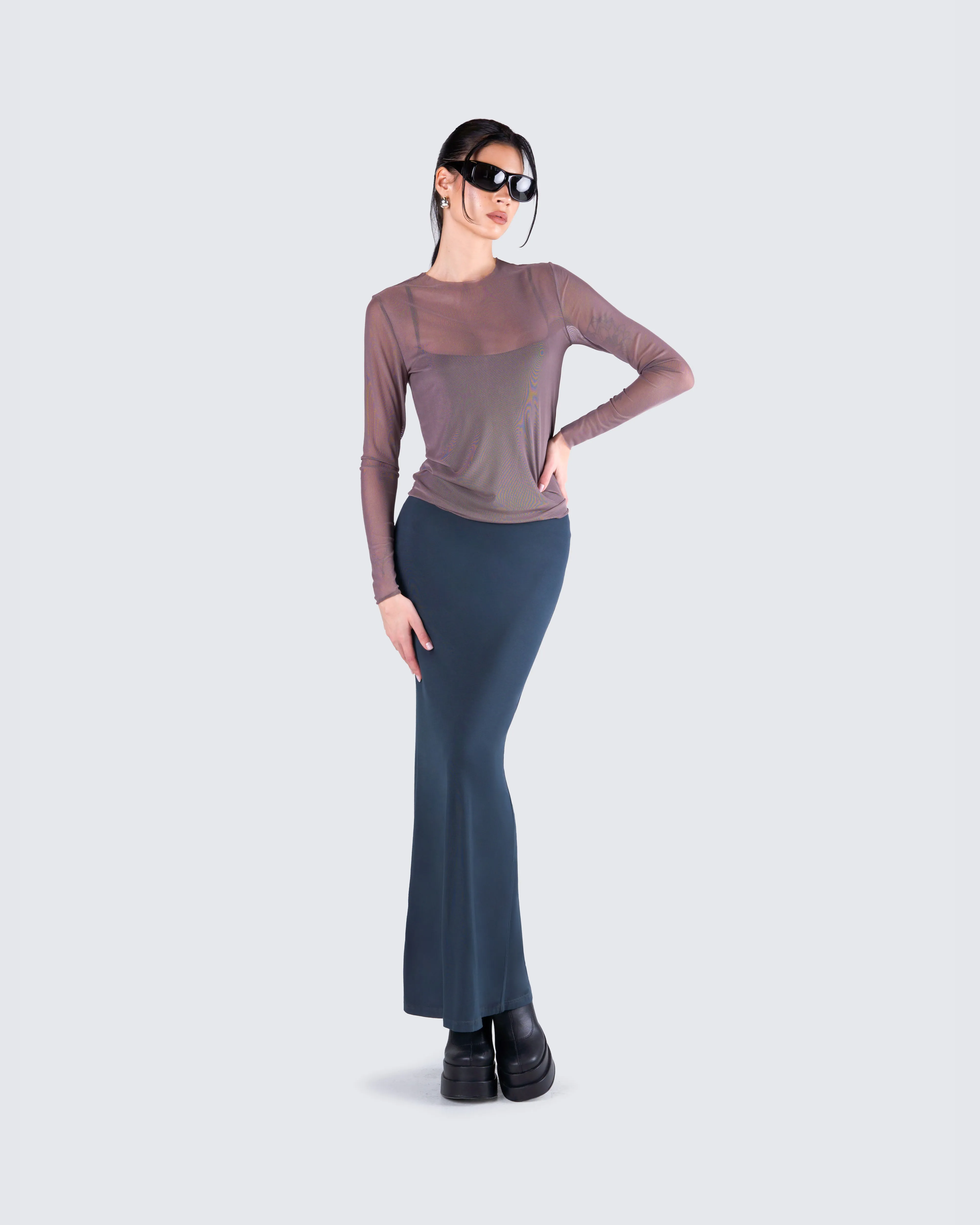 Alyson Grey Mesh Long Sleeve Top