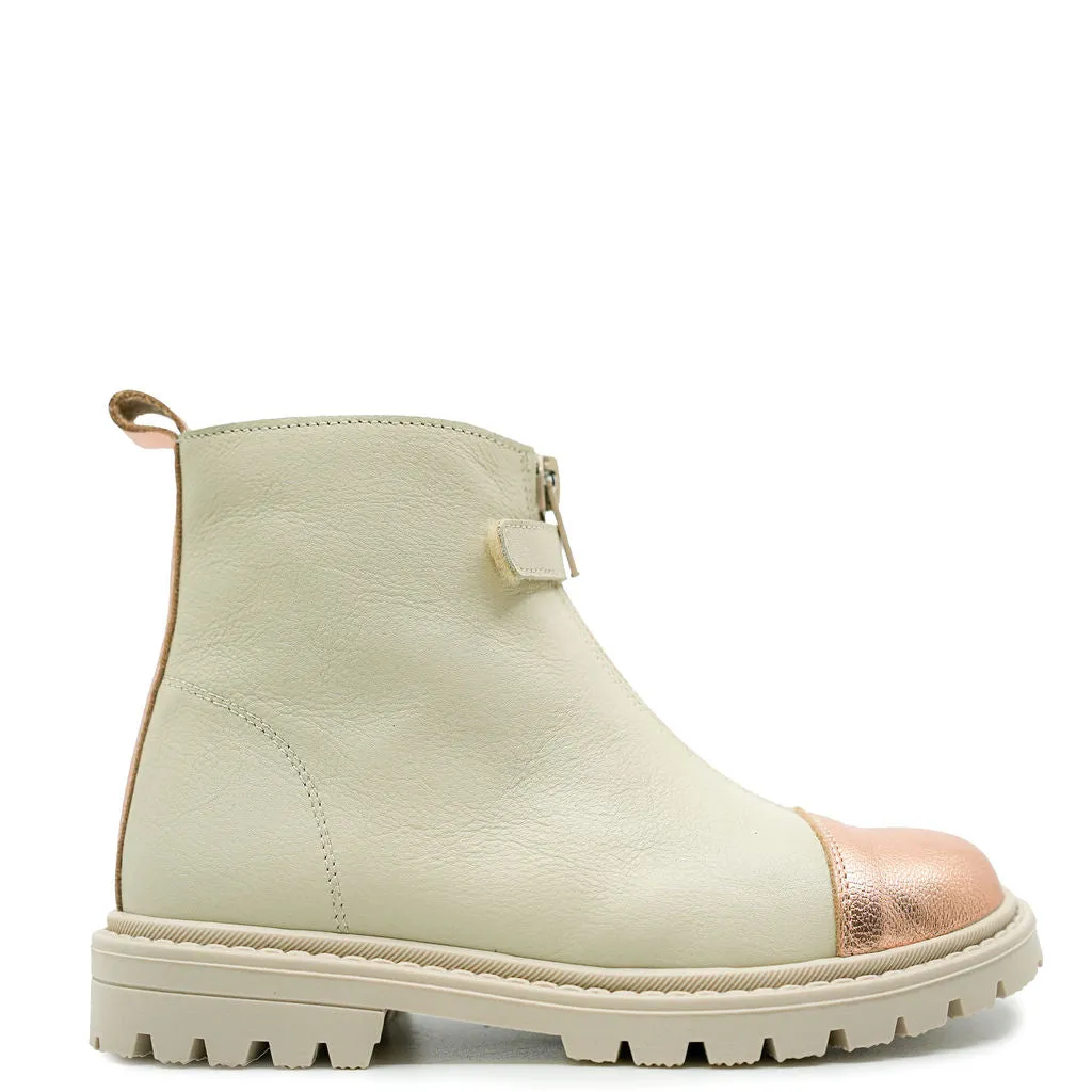 Andanines Cream and Rose Gold Zipper Boot