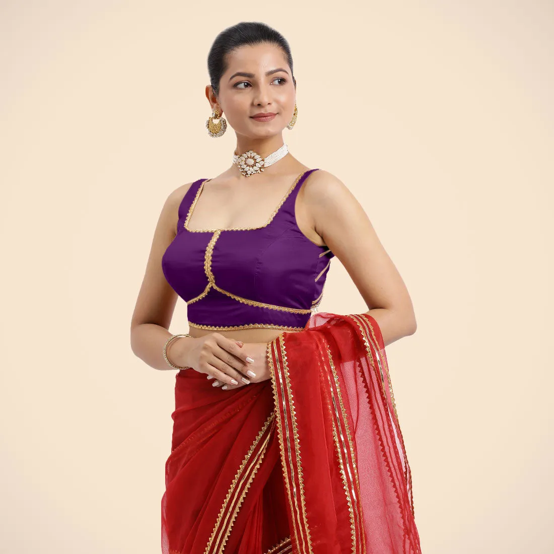 Arya x Tyohaar | Purple Sleeveless FlexiFit™ Saree Blouse with Square Neck and Back Window Embeliished with Golden Gota and Pearl Lace