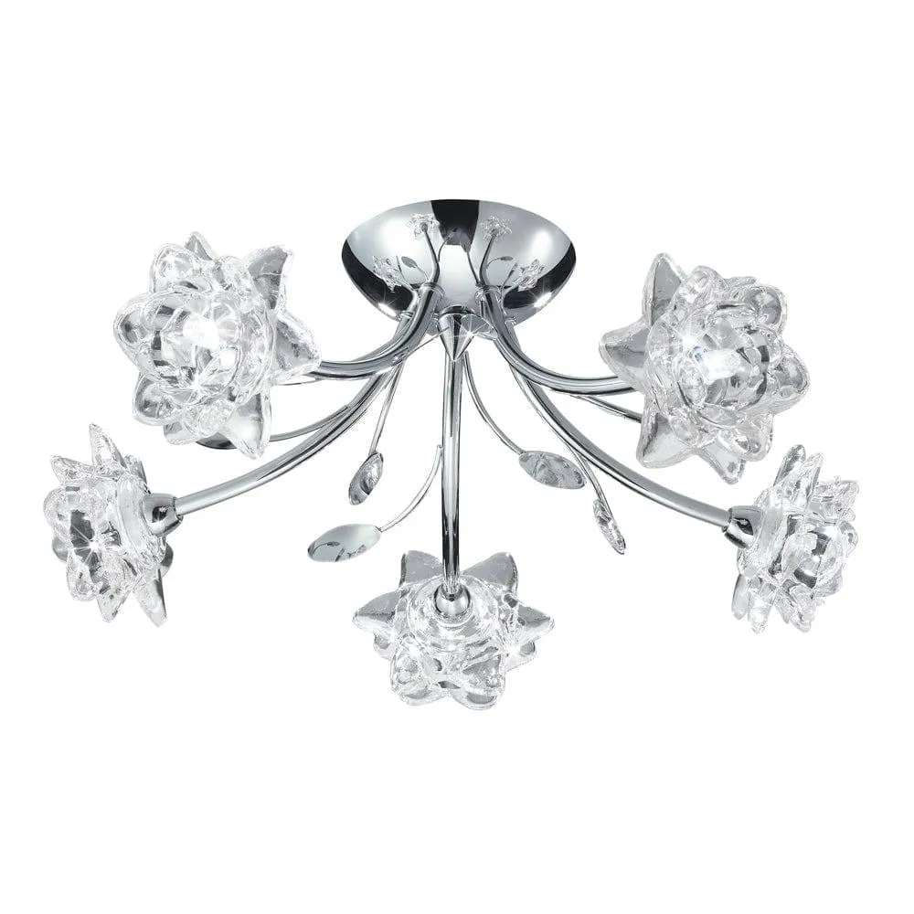 Bellis 5 Light Semi-Flush Chrome Ceiling Light, Flower Glass
