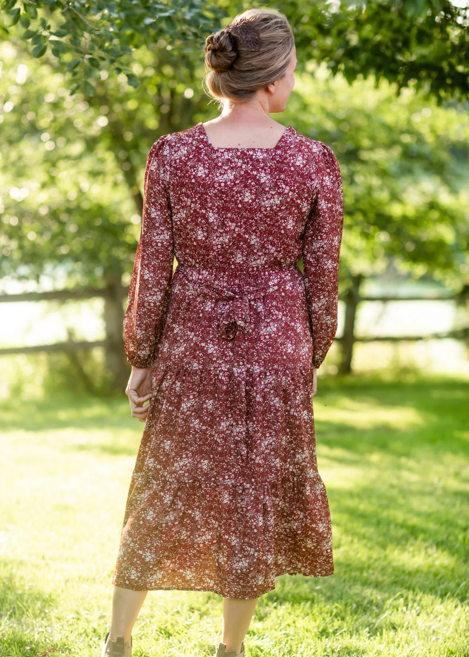 Burgundy Square Neck Puff Sleeve Belted Dress-FINAL SALE