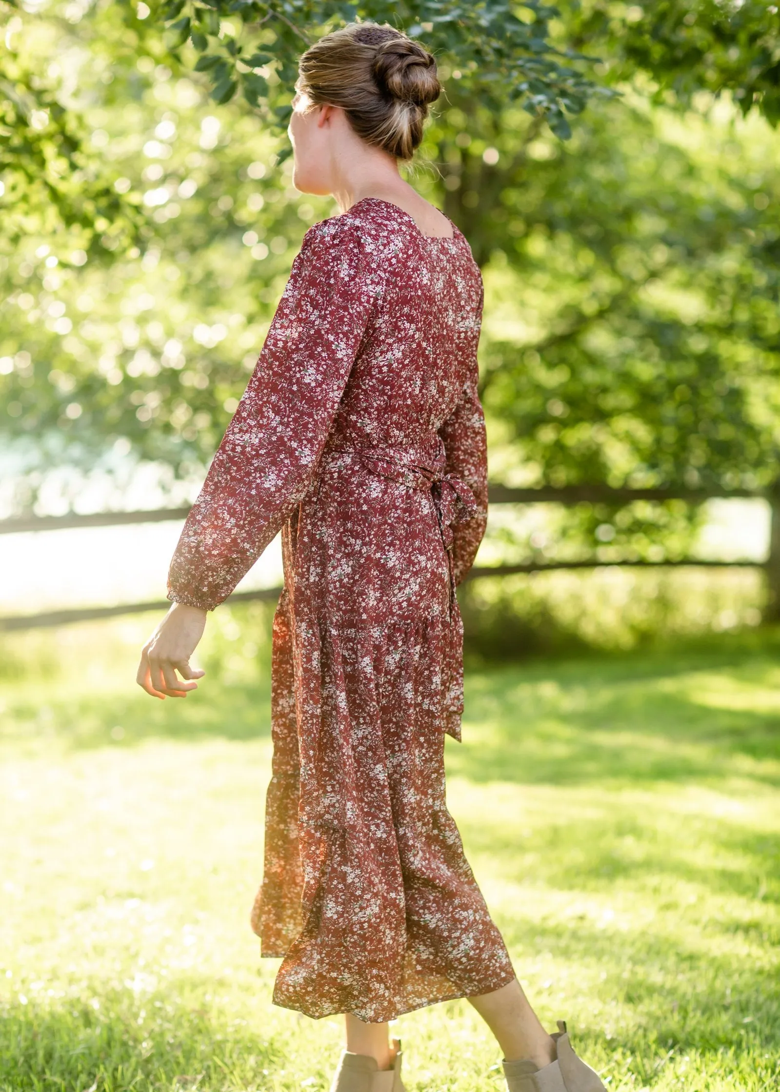 Burgundy Square Neck Puff Sleeve Belted Dress-FINAL SALE