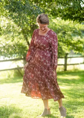 Burgundy Square Neck Puff Sleeve Belted Dress-FINAL SALE