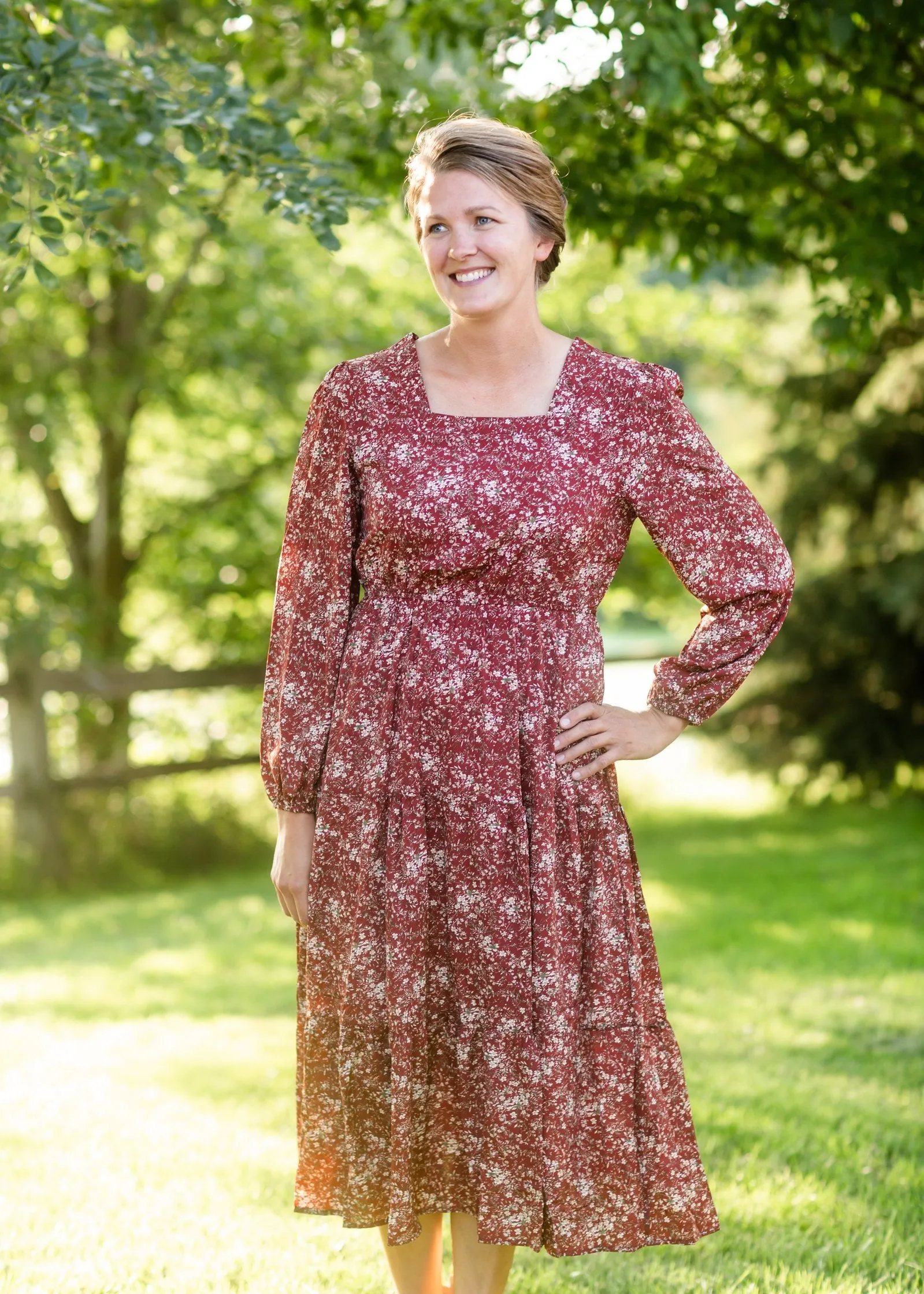 Burgundy Square Neck Puff Sleeve Belted Dress-FINAL SALE
