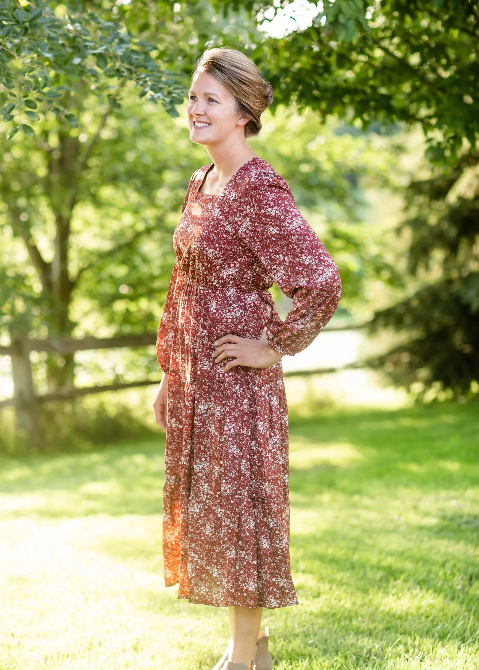 Burgundy Square Neck Puff Sleeve Belted Dress-FINAL SALE