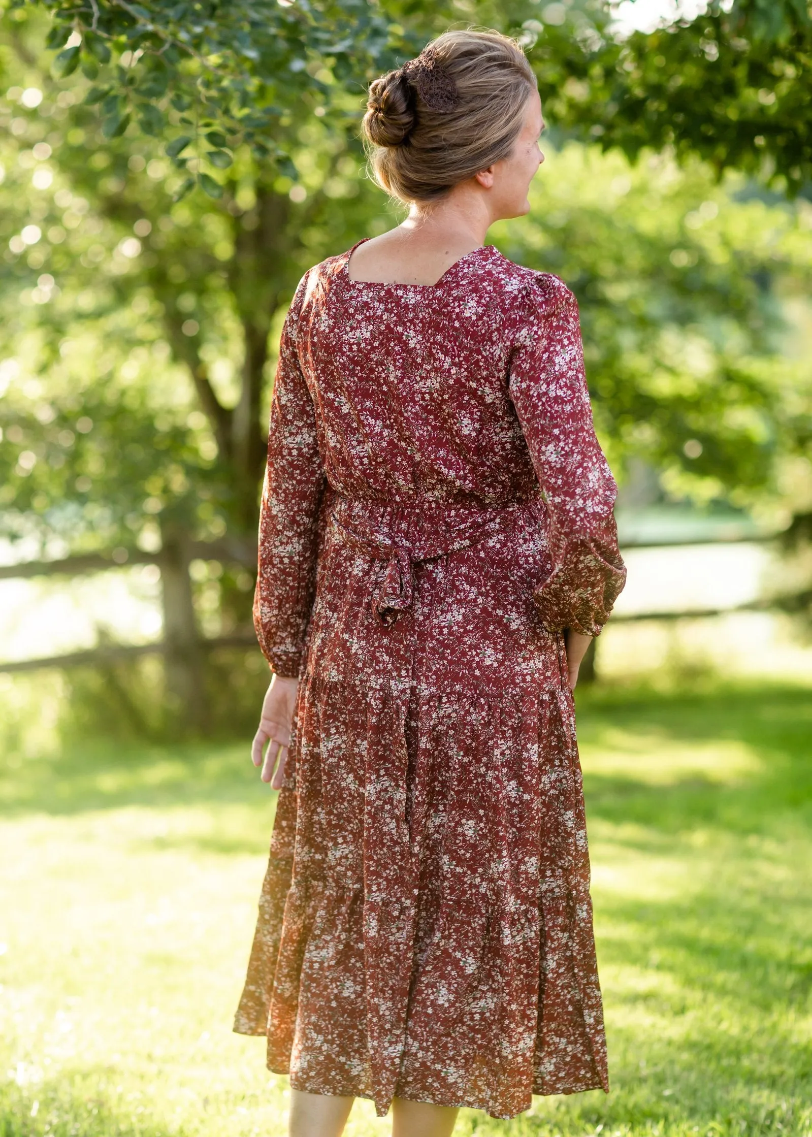 Burgundy Square Neck Puff Sleeve Belted Dress-FINAL SALE