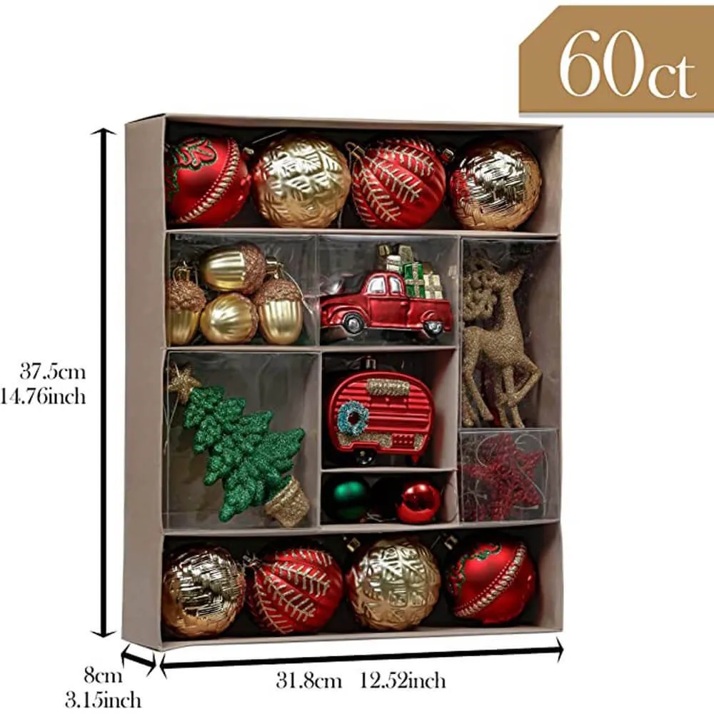 Christmas Ball Ornaments XMas Tree Hanging Decorations, Red, Green & Gold theme christmas Balls, 60 pcs Box Set