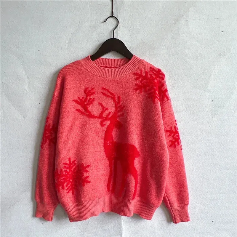 Christmas Sweater Woman Snow Deer Soft Knitted O-Neck Long Sleeve Pullovers Female Loose Warm Knitwear Jumper New Year Clothes