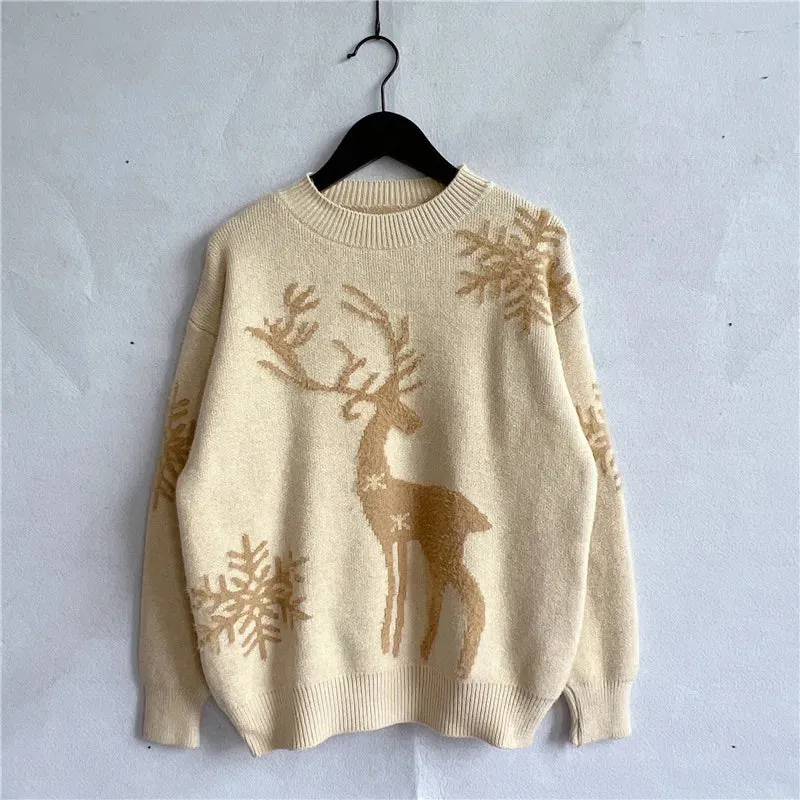 Christmas Sweater Woman Snow Deer Soft Knitted O-Neck Long Sleeve Pullovers Female Loose Warm Knitwear Jumper New Year Clothes