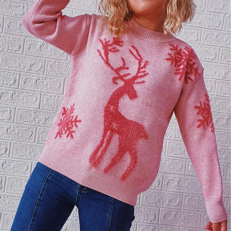 Christmas Sweater Woman Snow Deer Soft Knitted O-Neck Long Sleeve Pullovers Female Loose Warm Knitwear Jumper New Year Clothes