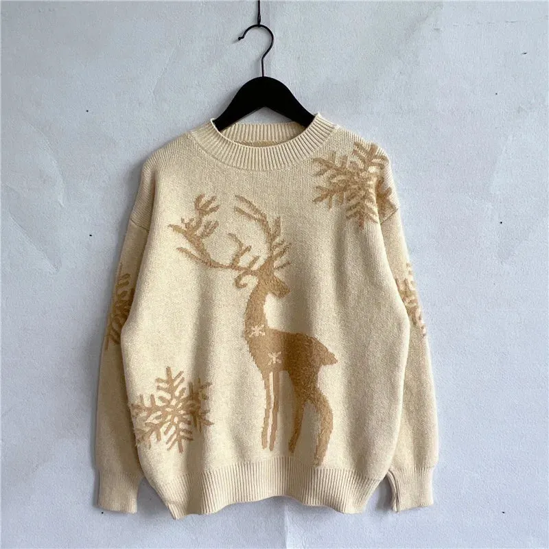 Christmas Sweater Woman Snow Deer Soft Knitted O-Neck Long Sleeve Pullovers Female Loose Warm Knitwear Jumper New Year Clothes