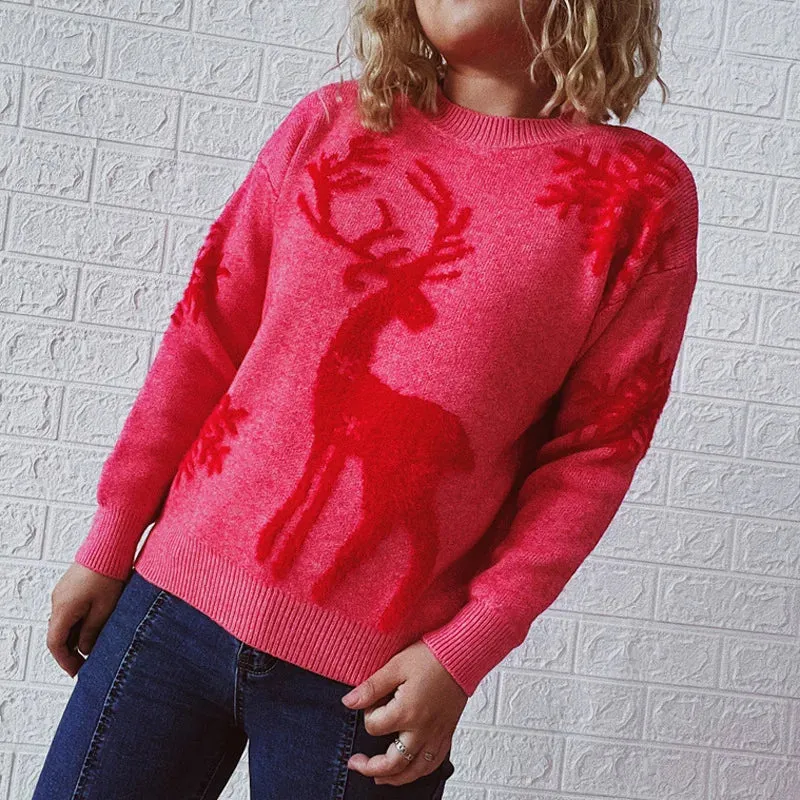 Christmas Sweater Woman Snow Deer Soft Knitted O-Neck Long Sleeve Pullovers Female Loose Warm Knitwear Jumper New Year Clothes
