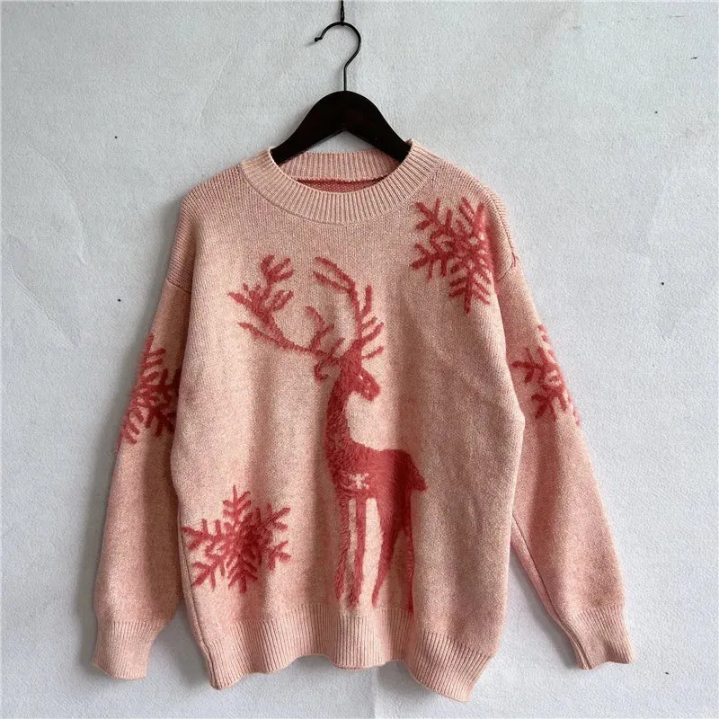 Christmas Sweater Woman Snow Deer Soft Knitted O-Neck Long Sleeve Pullovers Female Loose Warm Knitwear Jumper New Year Clothes