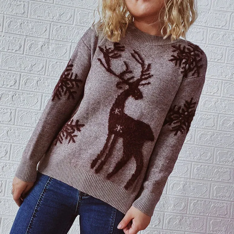 Christmas Sweater Woman Snow Deer Soft Knitted O-Neck Long Sleeve Pullovers Female Loose Warm Knitwear Jumper New Year Clothes