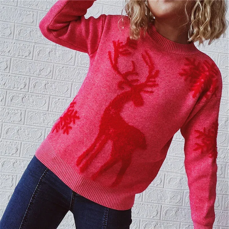 Christmas Sweater Woman Snow Deer Soft Knitted O-Neck Long Sleeve Pullovers Female Loose Warm Knitwear Jumper New Year Clothes