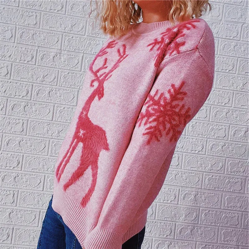 Christmas Sweater Woman Snow Deer Soft Knitted O-Neck Long Sleeve Pullovers Female Loose Warm Knitwear Jumper New Year Clothes