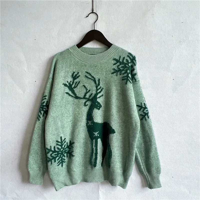 Christmas Sweater Woman Snow Deer Soft Knitted O-Neck Long Sleeve Pullovers Female Loose Warm Knitwear Jumper New Year Clothes