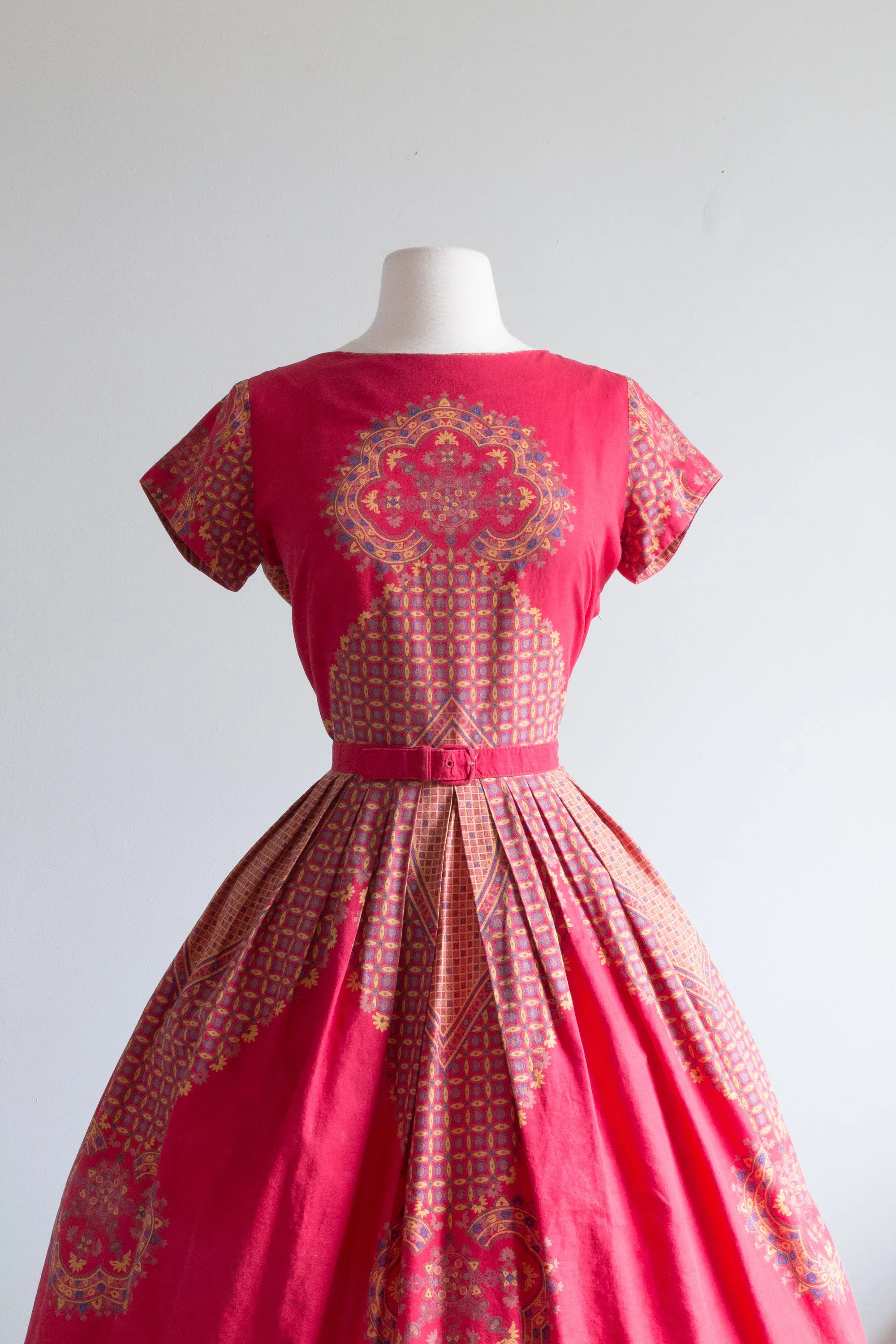 Classic 1950's Red Cotton Print Day Dress By Wildman / Medium