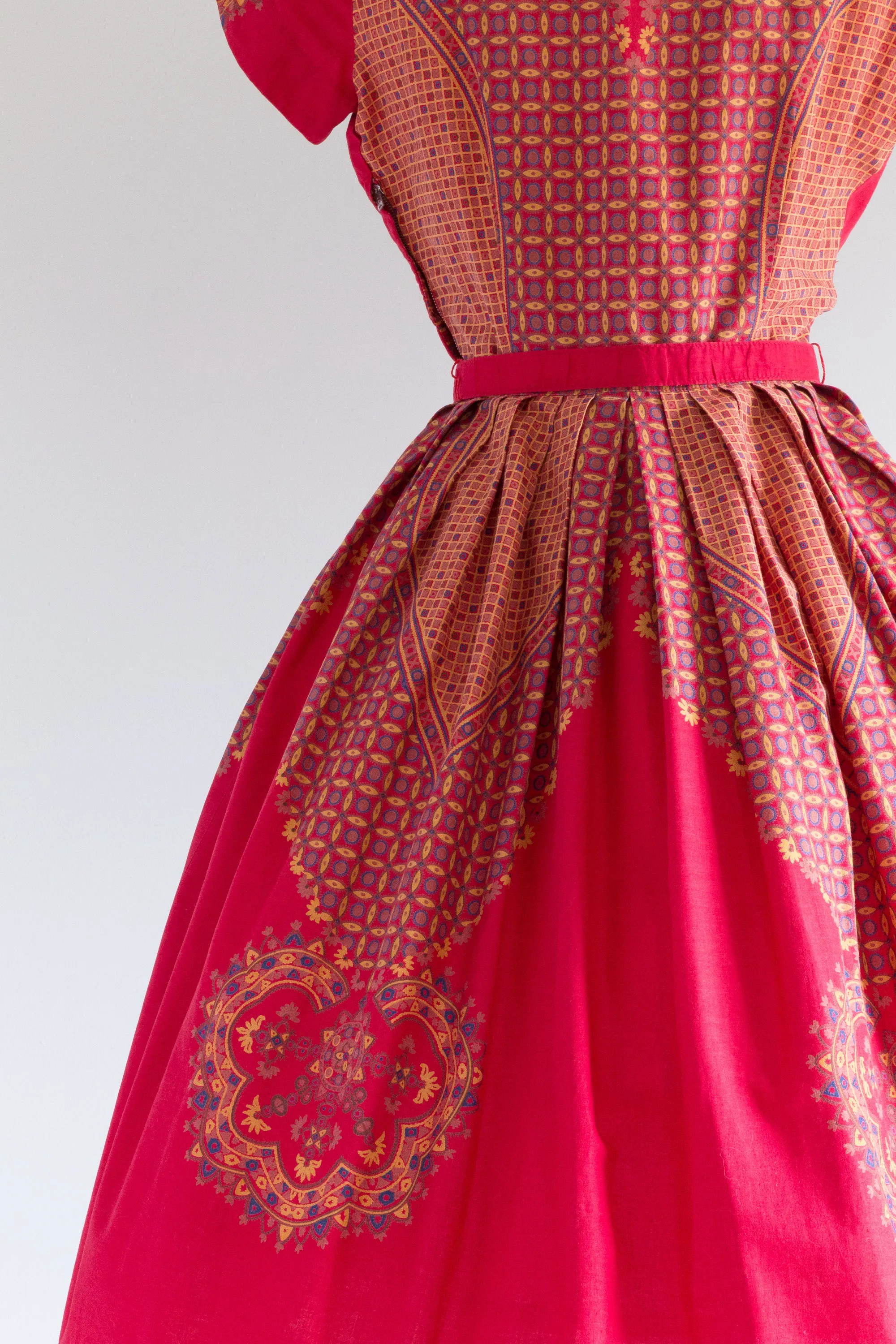 Classic 1950's Red Cotton Print Day Dress By Wildman / Medium