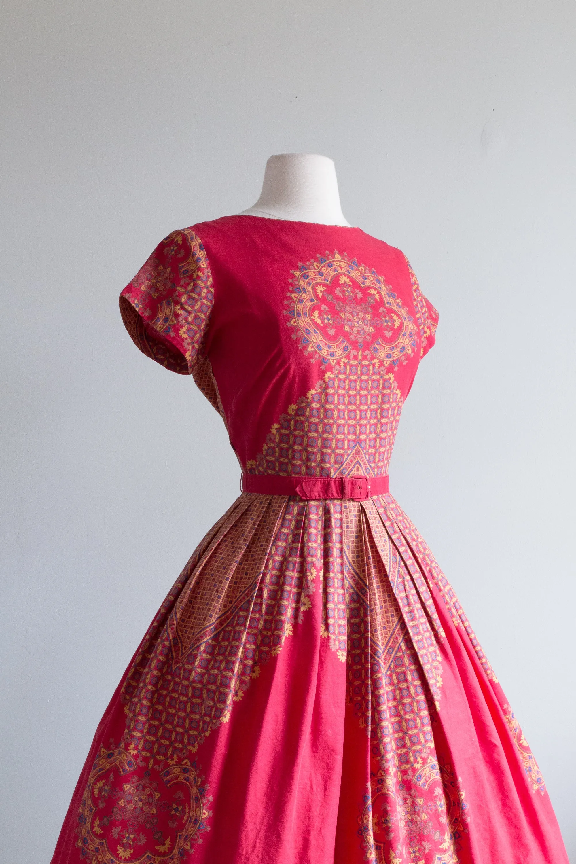 Classic 1950's Red Cotton Print Day Dress By Wildman / Medium