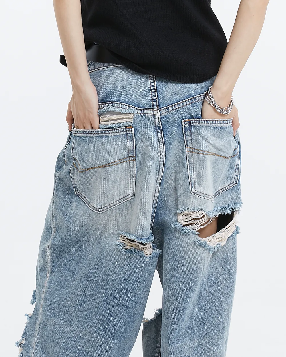 Distressed Ripped Knee Wide-Leg Denim Jeans
