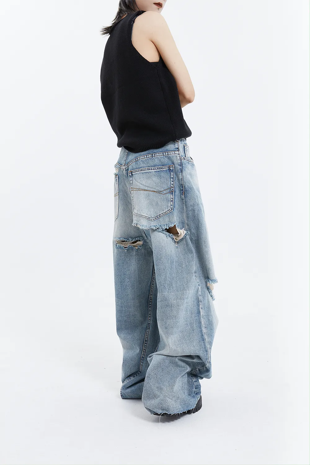 Distressed Ripped Knee Wide-Leg Denim Jeans
