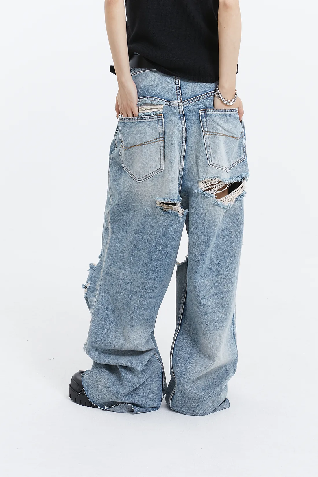 Distressed Ripped Knee Wide-Leg Denim Jeans