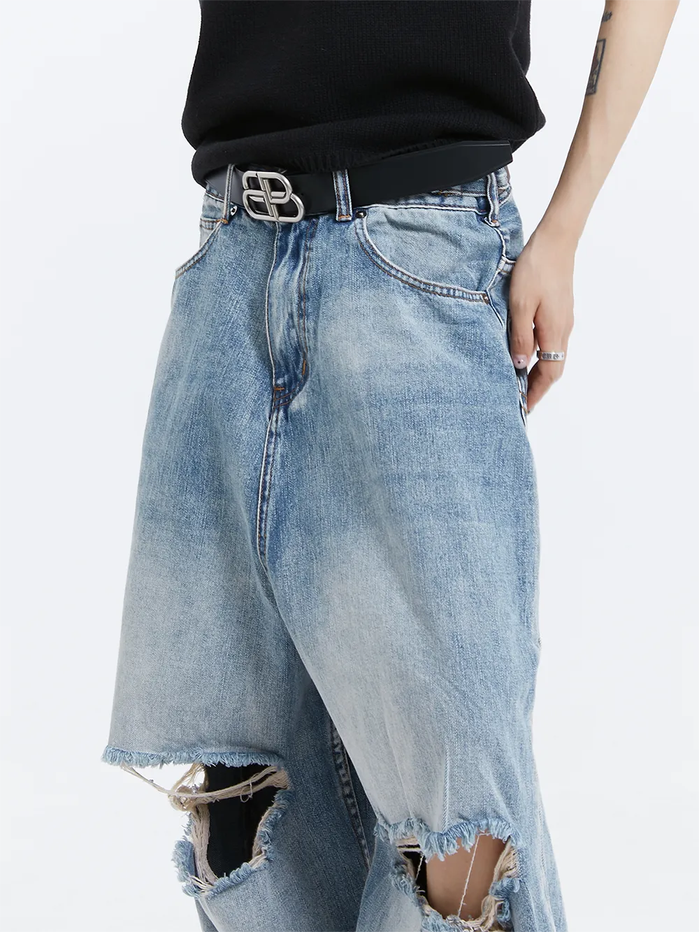 Distressed Ripped Knee Wide-Leg Denim Jeans