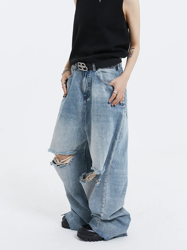Distressed Ripped Knee Wide-Leg Denim Jeans