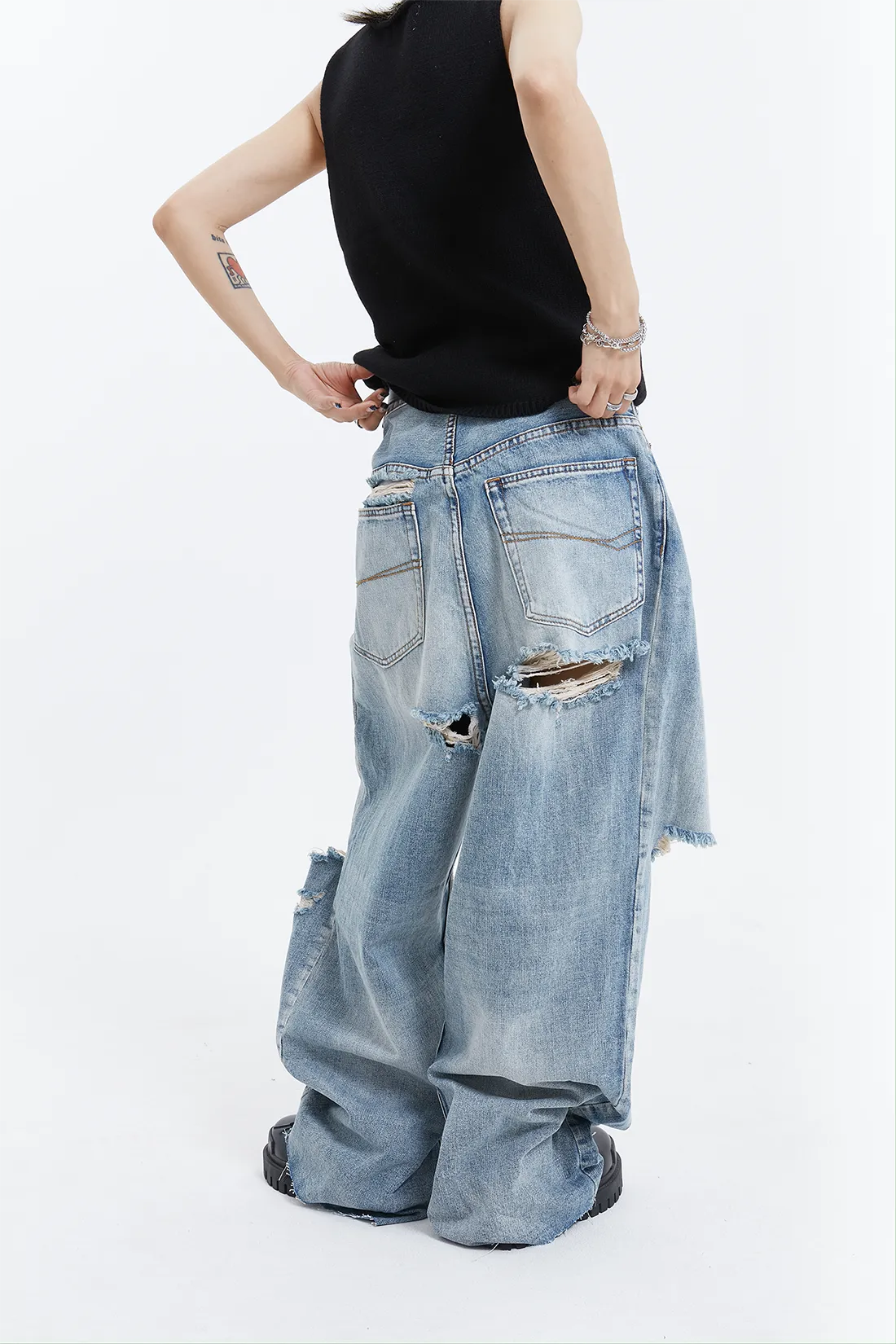 Distressed Ripped Knee Wide-Leg Denim Jeans