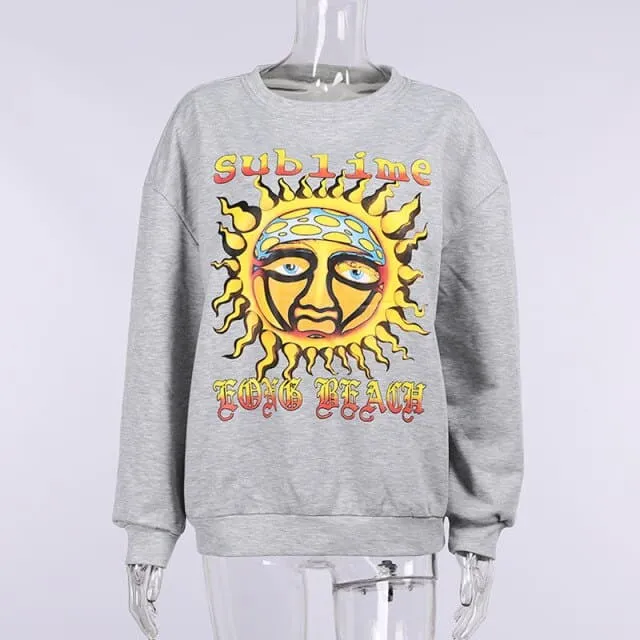 DressBetty - Oversized Hoodies Women Sun Printed Thin Vintage Pullovers O Neck Casual Y2K Streetwear Autumn Outfits Fashion Sweatshirt