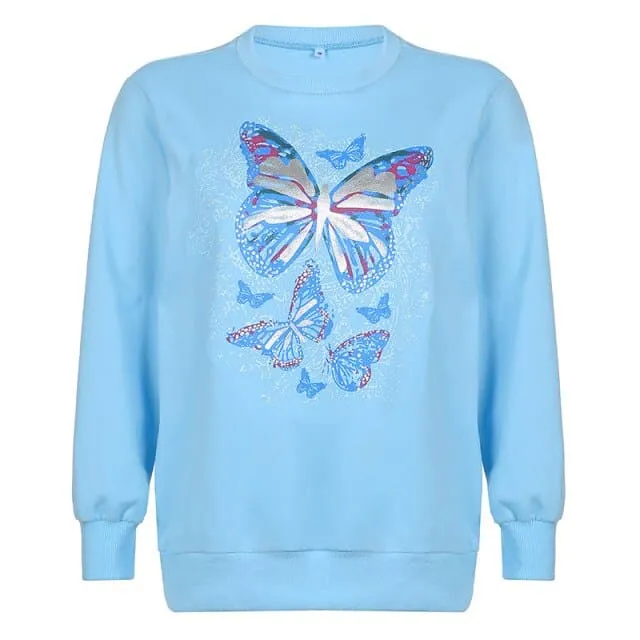 DressBetty - Y2K Butterfly Print Blue Hoodies Autumn Winter Cute Sweatshirt Fashion Casual Pullover Loose Oversized Streetwear Women Clothes