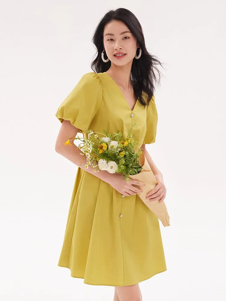 Fitted Waist & V-Neck Cotton Dress