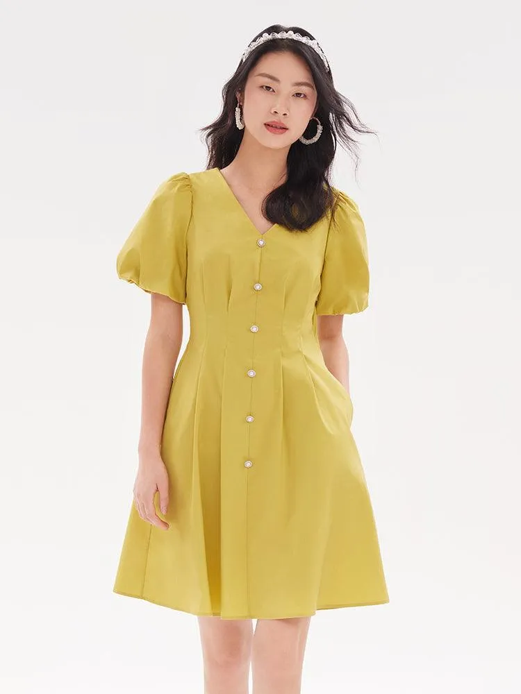 Fitted Waist & V-Neck Cotton Dress