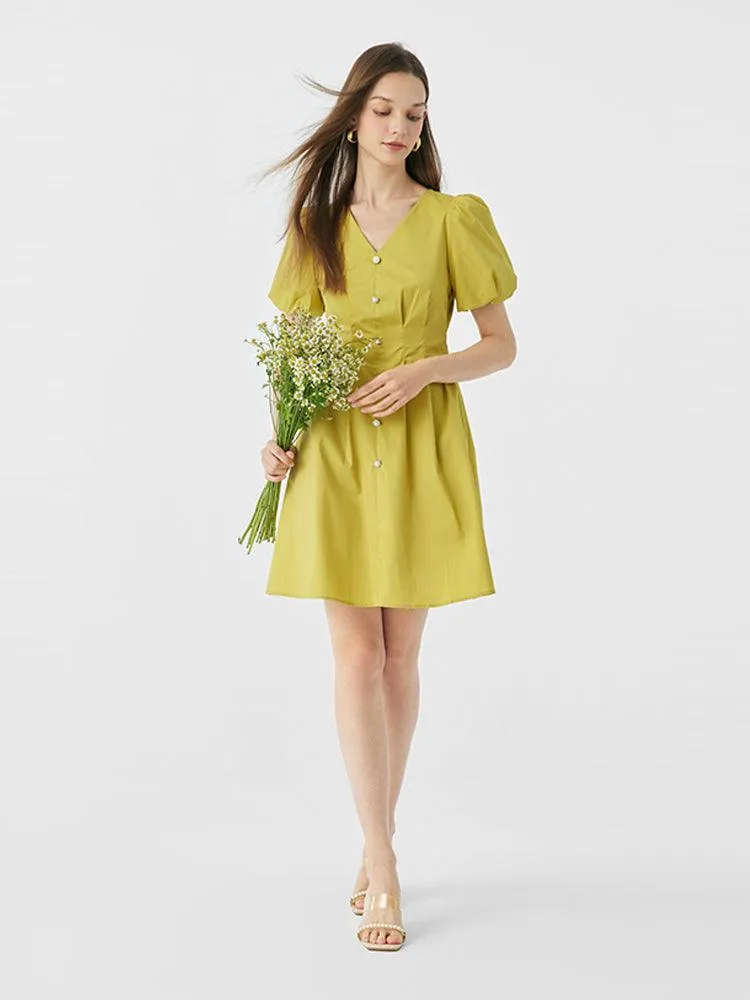 Fitted Waist & V-Neck Cotton Dress