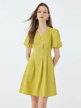 Fitted Waist & V-Neck Cotton Dress