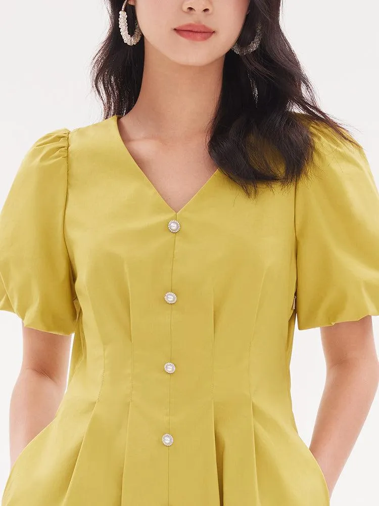 Fitted Waist & V-Neck Cotton Dress