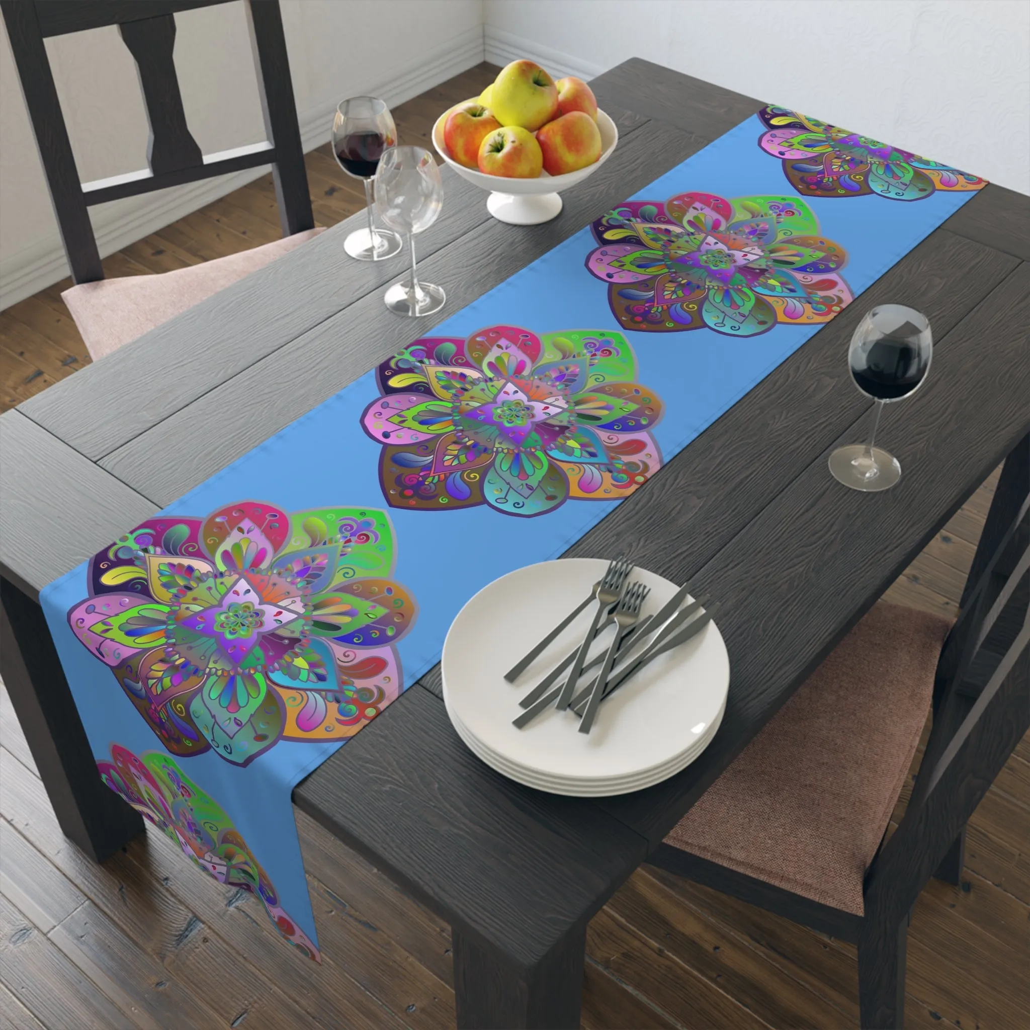 Hand-Drawn Mandala Art Table Runner - Light Blue